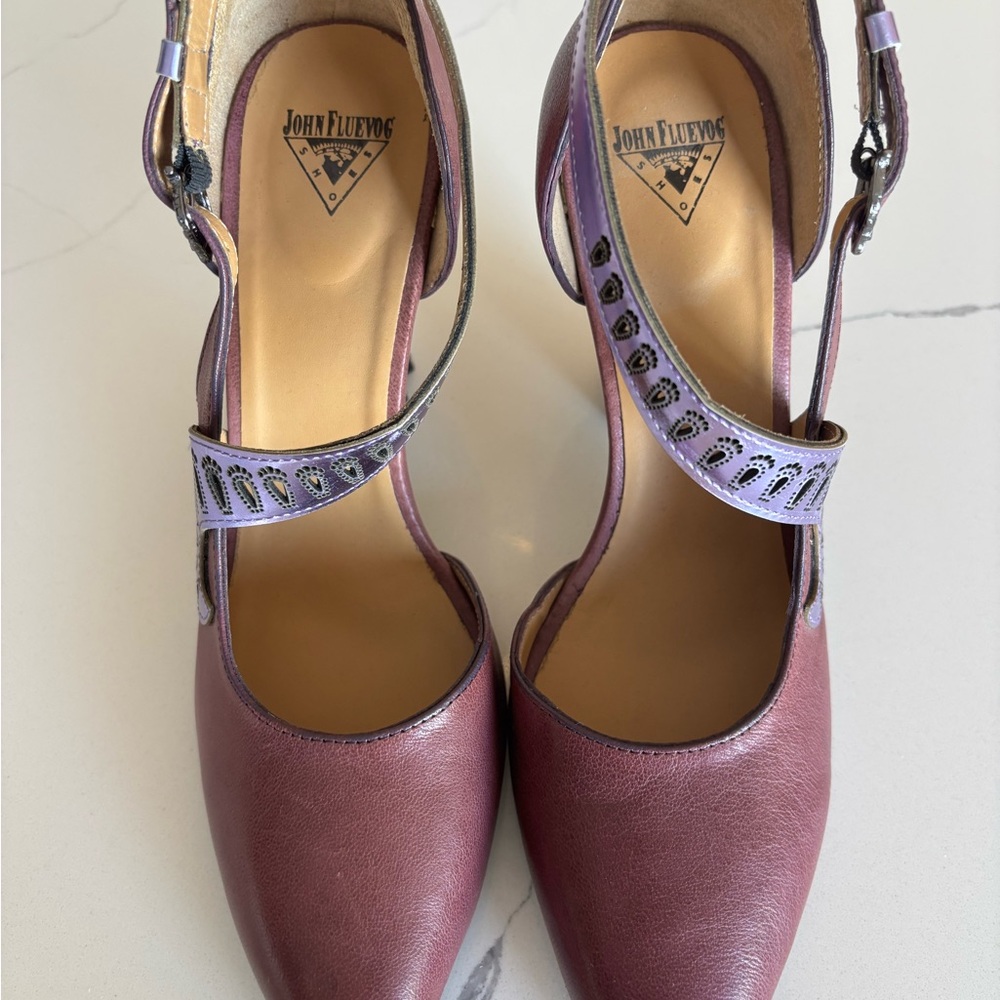 John Fluevog Mauve Plum Leather Mary Jane Heels with Lilac Straps